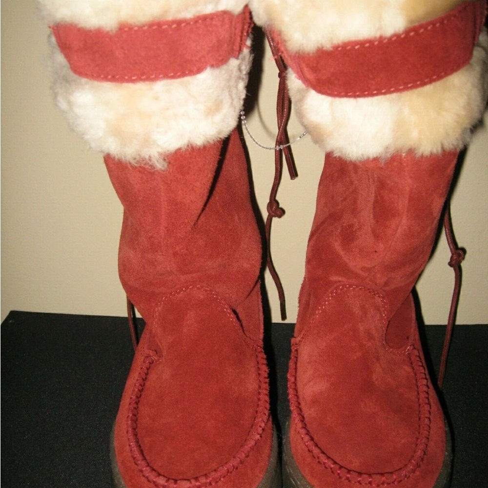 BEARPAW Siren Red Suede Leather & Sheepskin Lined Lace Up Winter Boots NEW